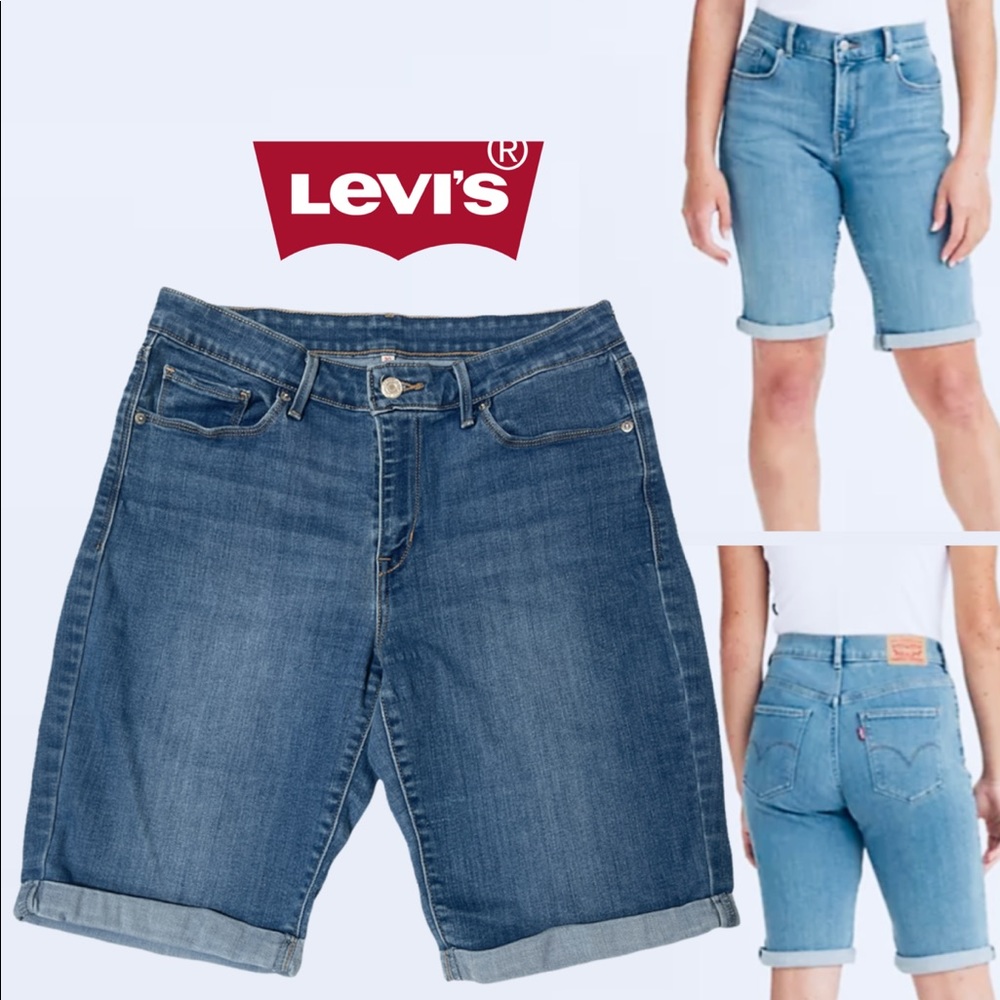🍀Levi Strauss medium blue wash denim cuffed shorts
